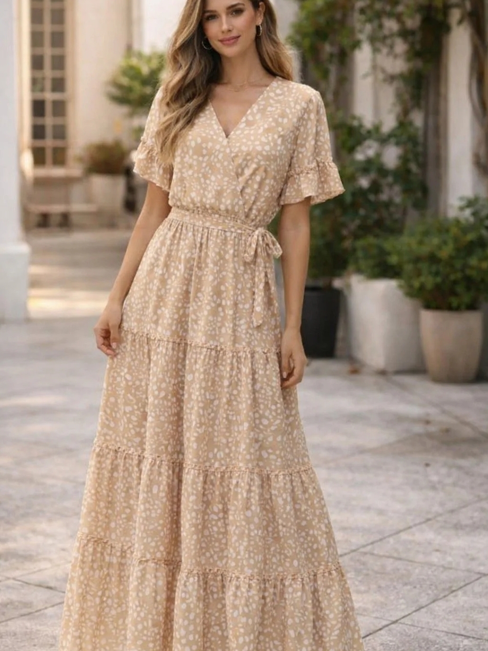 Beige Tiered Wrap Maxi Dress with Tie Waist Sz L